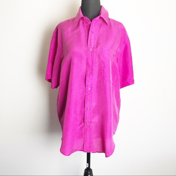 LUXURY MAGENTA 100% SILK SHORT SLEEVE BLOUSE EUC M - Picture 2 of 5